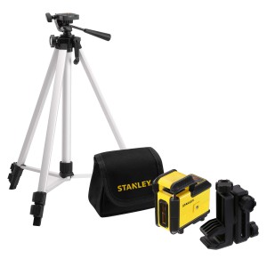 Telemetro laser giallo con treppiede e accessori. Strumento di misura per misurazioni precise.