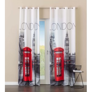 Tenda in tessuto decorativa con motivo Londra: cabina telefonica rossa e Big Ben. Attrazione per ogni finestra.