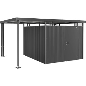 Tetto laterale Biohort per casetta da giardino HighLine 5, grigio scuro metallizzato, con supporti e pluviale.