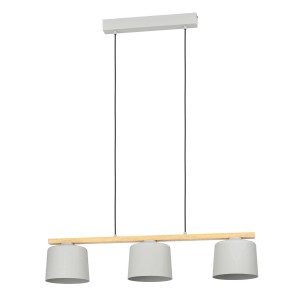 Lampada a sospensione moderna con tre paralumi grigi e trave in legno. Ideale come Sospensioni.
