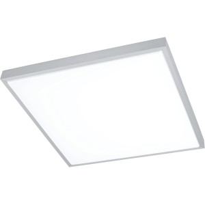 Plafoniera LED quadrata Eglo Idun1, 58x58 cm, alluminio spazzolato e bianco.