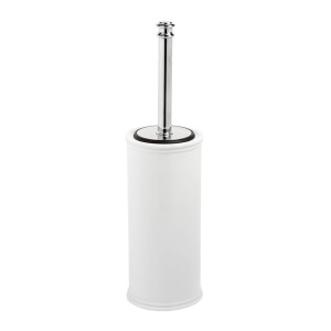 Scopino WC bianco con manico cromato per il bagno.