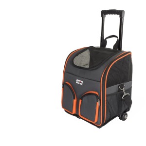 Trasportino per cani grigio con ruote e dettagli arancioni.