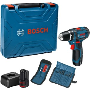 Avvitatore a batteria Bosch Professional GSR 12V-15 in valigetta con 2 batterie, caricabatterie, set di punte e trapani.