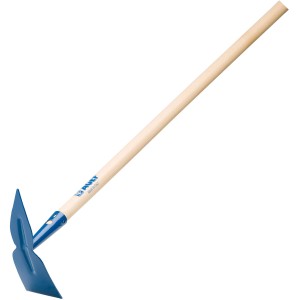 Zappa a doppia ala blu con manico in legno per la lavorazione del terreno.