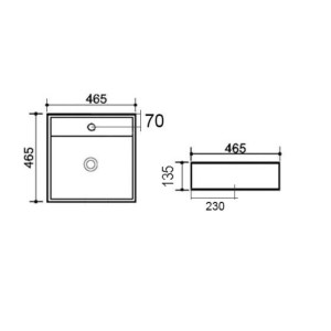 Disegno tecnico del lavabo d'appoggio t.b.t. con dimensioni.