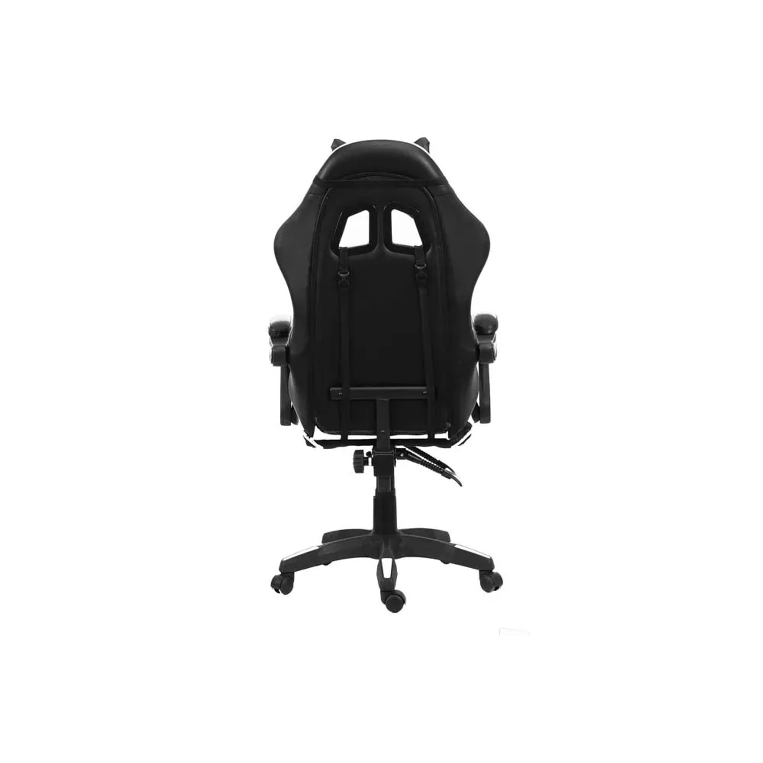 Vista posteriore della sedia da gaming nera. Design ergonomico con ruote.