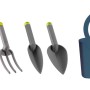 Set attrezzi giardinaggio t.b.t.: spruzzino, rastrello, palette e borsa.
