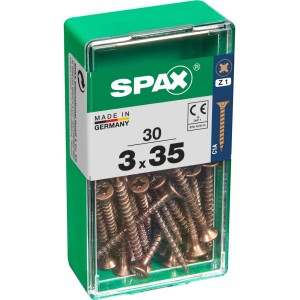 Viti per legno SPAX 3x35 mm, 30 pezzi in contenitore di plastica verde.