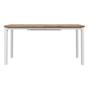Tavolo da giardino moderno con piano in legno e struttura bianca.