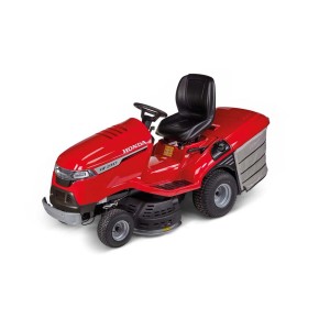 Trattorino tagliaerba Honda rosso, modello HF 2317, con sedile e volante neri.