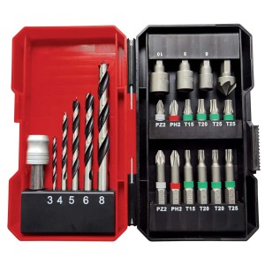 Set t.b.t. di punte e inserti per avvitatori a batteria, assortiti in valigetta rossa.