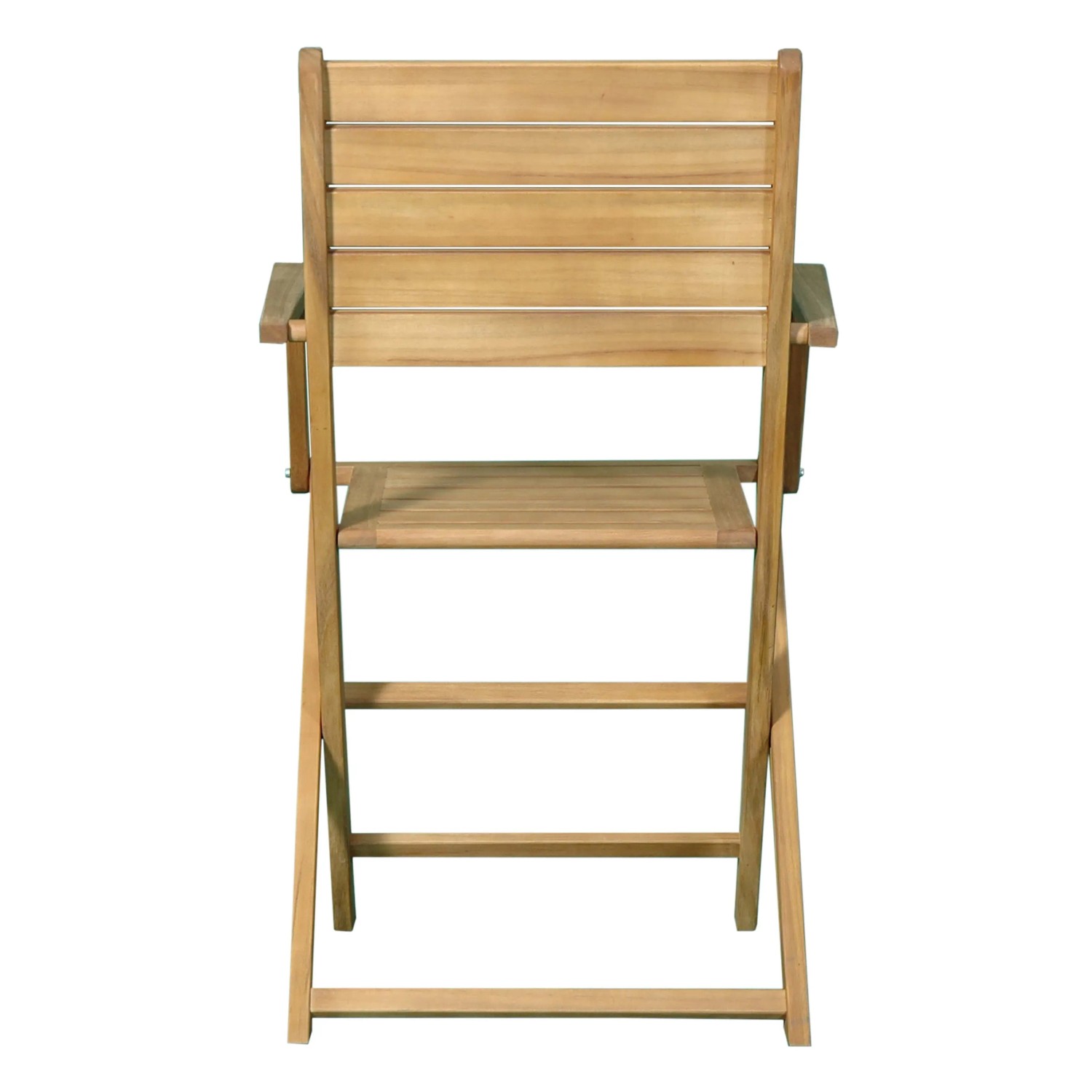 Sedia da giardino in legno, vista posteriore. Sedia pieghevole per terrazza e giardino.