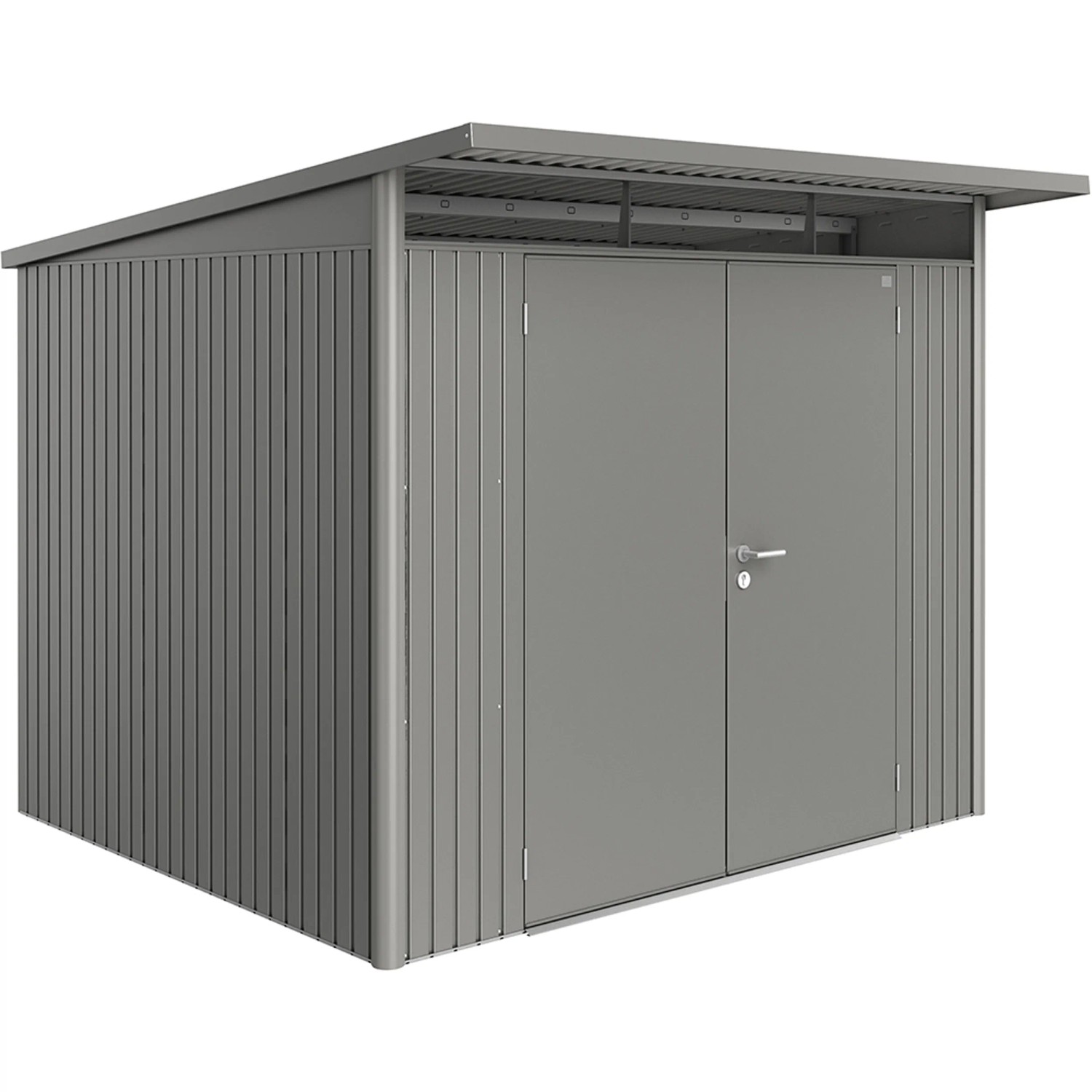 Casetta da giardino in metallo Biohort AvantGarde Gr. A6 in grigio quarzo metallizzato con doppia porta.