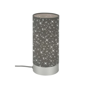 Lampada da comodino grigia con motivo a stelle e base argentata.