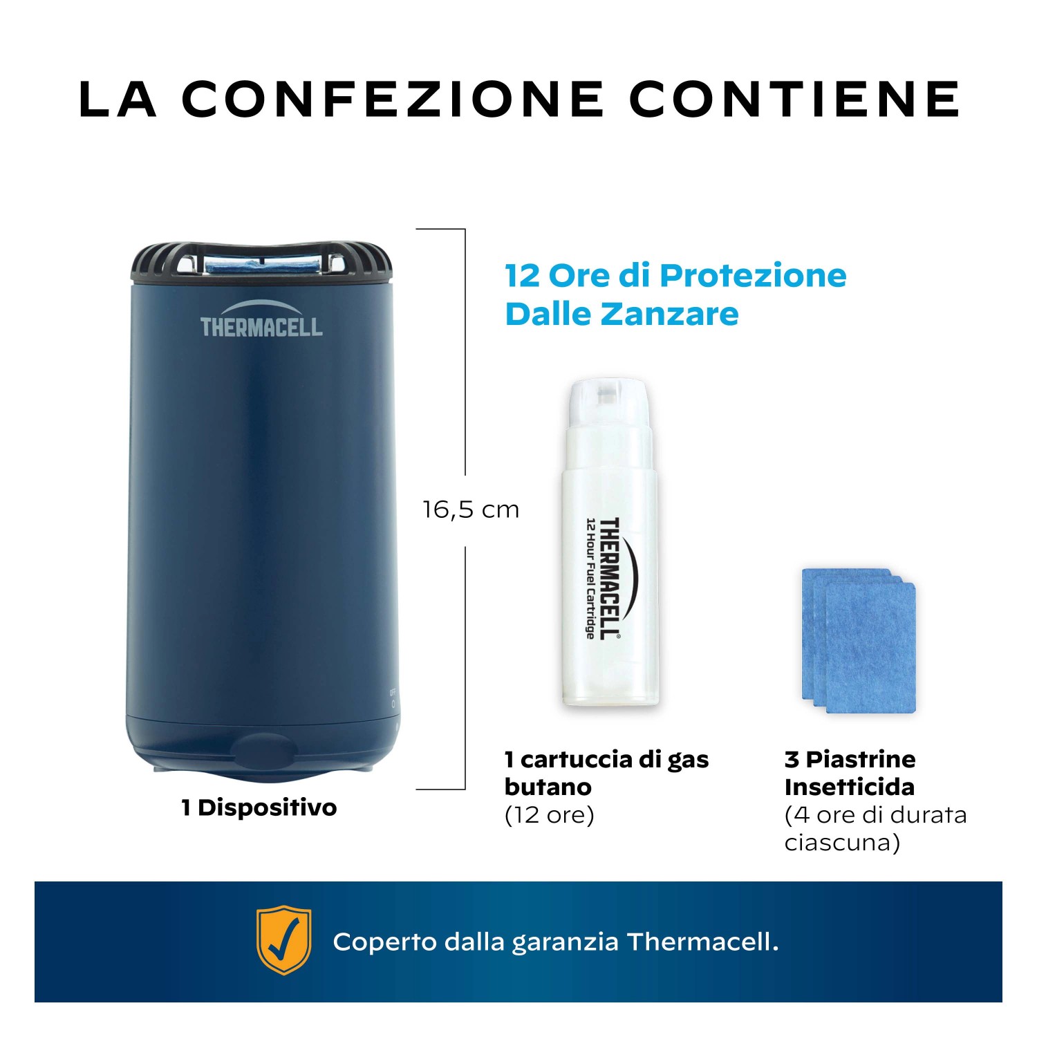 Set antizanzare t.b.t.: dispositivo, cartuccia gas, 3 piastrine insetticida per protezione zanzare.