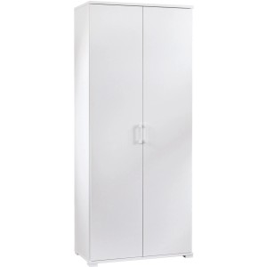 Armadio bianco stretto con due ante e maniglie.