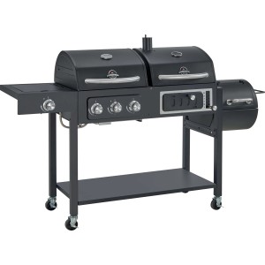 Barbecue a gas nero con due aree di cottura e spazio di stoccaggio.