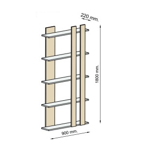 Disegno tecnico della libreria t.b.t. con dimensioni 900 x 220 x 1800 mm.