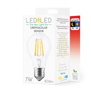 Lampadina LED E27 con sensore crepuscolare nella confezione. 7W, 806lm, a risparmio energetico e senza plastica.