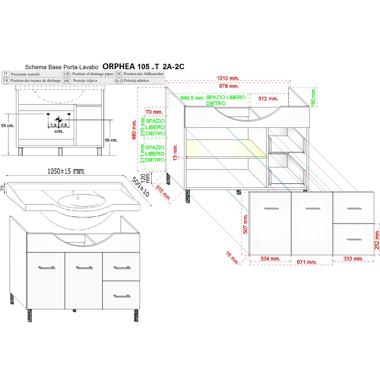Disegno tecnico mobile bagno Orphea 105-T 2A-2C con dimensioni per arredo bagno.