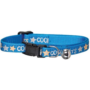 Collare blu per gatti con stelle e campanellino.