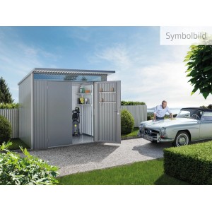 Casetta attrezzi metallo Biohort AvantGarde grigio quarzo metallizzato, doppia porta aperta, giardino.