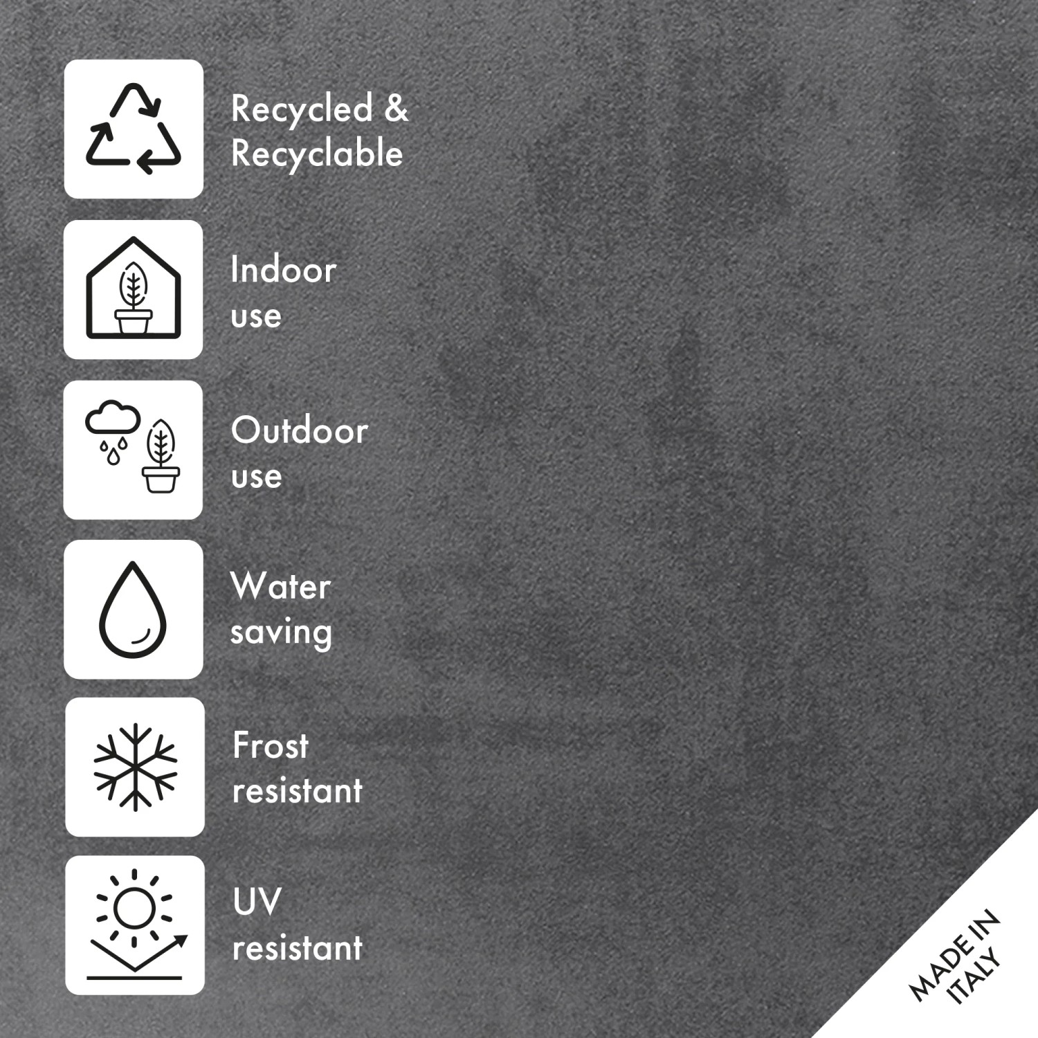 Caratteristiche del vaso Deroma Millennium: Riciclabile, uso interno/esterno, risparmio idrico, resistente al gelo/UV.