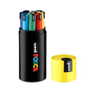 Set di pennarelli Uni Posca in custodia nera con coperchio giallo.