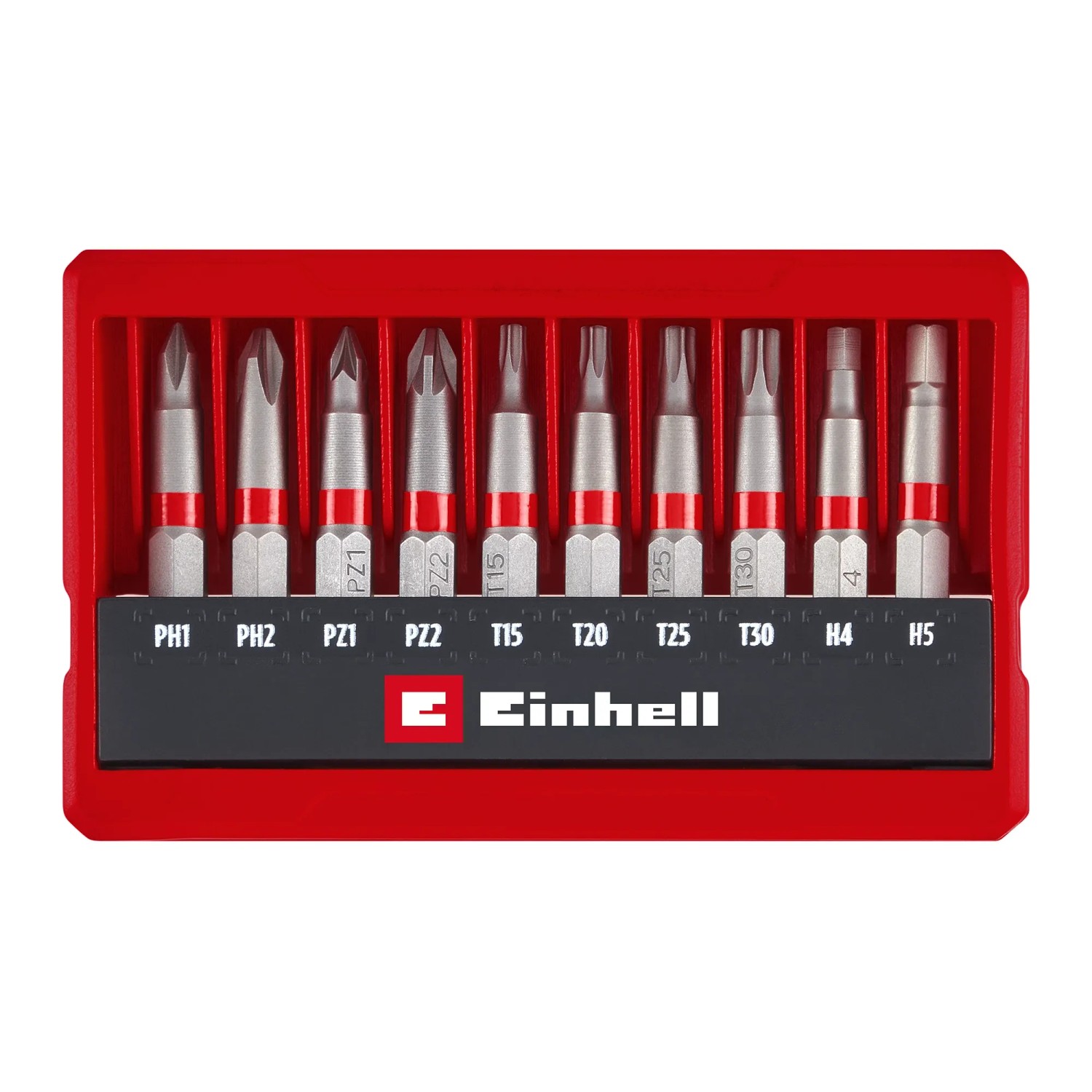 Set di inserti Einhell da 10 pezzi in formato tascabile con profili PH, PZ, TX e HEX in custodia rossa.