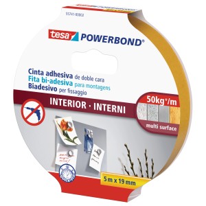 Nastro biadesivo Tesa Powerbond per interni, 5m x 19mm, adatto a diverse superfici.