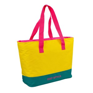 Borsa da spiaggia giallo-turchese con manici rosa di t.b.t. per campeggio e tempo libero.