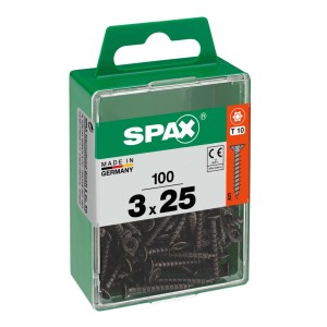 Viti SPAX 3x25 mm, 100 pezzi in contenitore di plastica verde. Elementi di fissaggio universali.