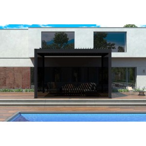 Gazebo nero con piscina in giardino. Accessorio per gazebo.