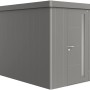 Casetta da giardino Biohort Neo 3A in grigio quarzo metallizzato con porta e finestra.