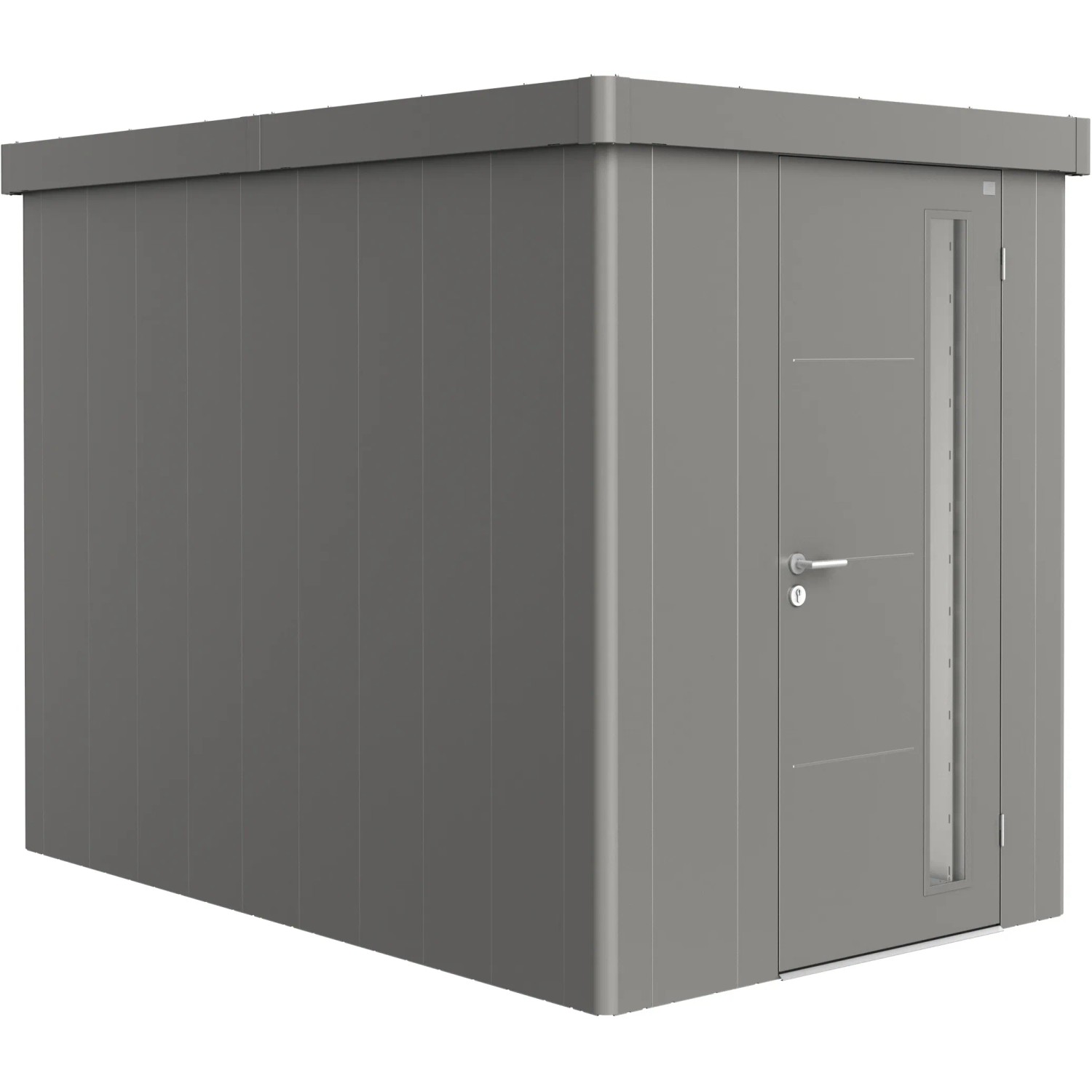Casetta da giardino Biohort Neo 3A in grigio quarzo metallizzato con porta e finestra.
