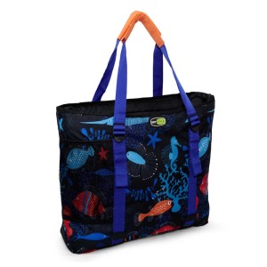 Borsa da campeggio t.b.t. con motivi marini, manici blu e arancioni.