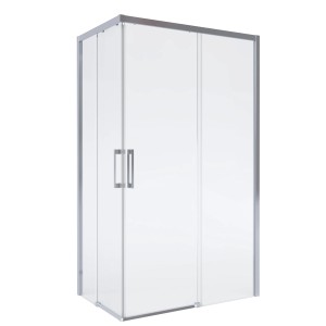 Box doccia angolare t.b.t. con vetro trasparente e telaio argentato.