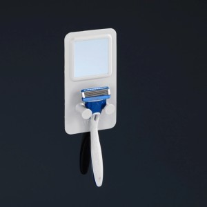 Supporto a parete con specchio e porta rasoio per accessori bagno.