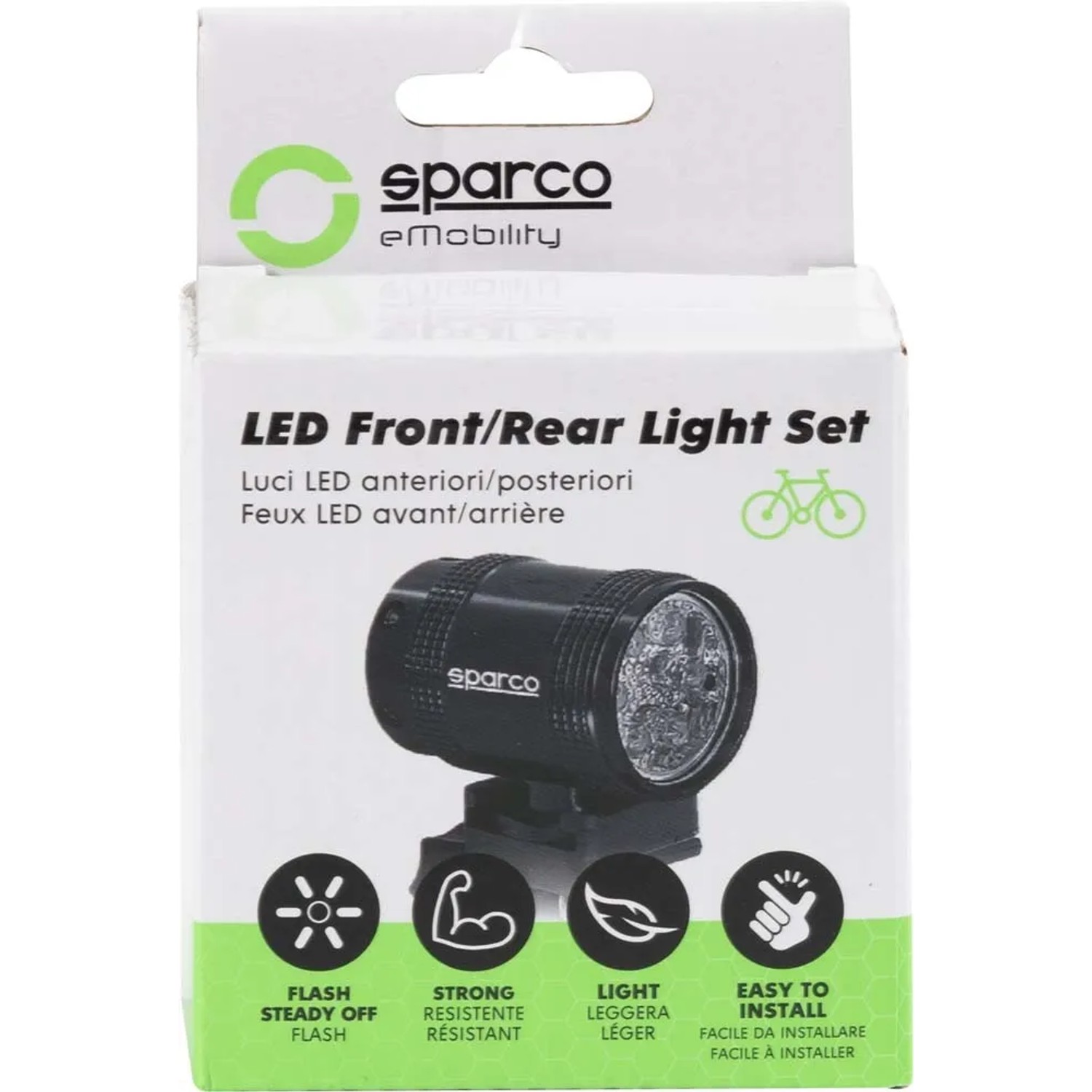 Set luci LED Sparco per bici, anteriore e posteriore, confezionato.