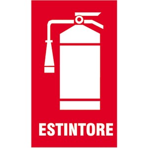 Segnale antincendio rosso con simbolo estintore bianco e la parola ESTINTORE.