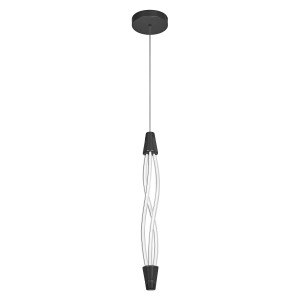 Moderna lampada a sospensione t.b.t. con rosone nero ed elementi decorativi intrecciati.