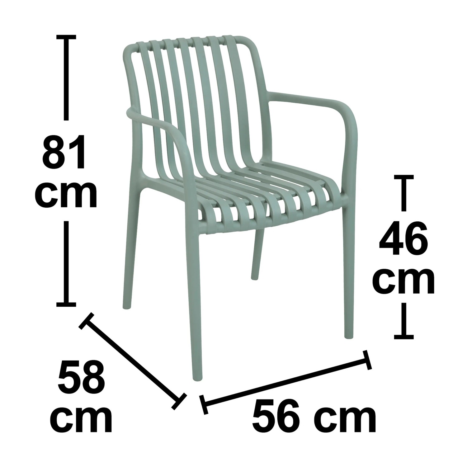 Sedia impilabile Merrydale verde in plastica con braccioli. Sedia da giardino con schienale a doghe, misure 81x56x58 cm.