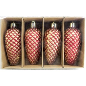 Pallina di Natale pigna in plastica rosso 15x4 cm 4 pz