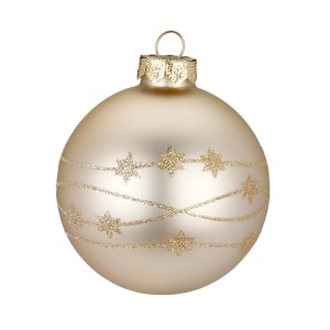Palla di Natale dorata con stelle per decorazioni festive.