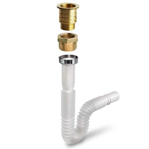 Raccordo di scarico per lavabo, sifone con tubo flessibile e parti in ottone.