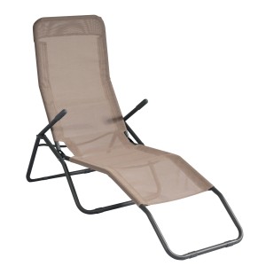 Lettino t.b.t. con rivestimento marrone e struttura scura.