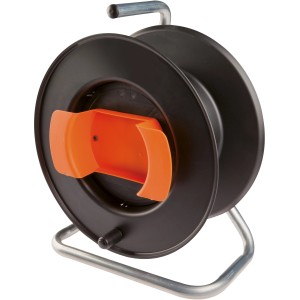 Avvolgicavo nero con supporto arancione e telaio argentato.