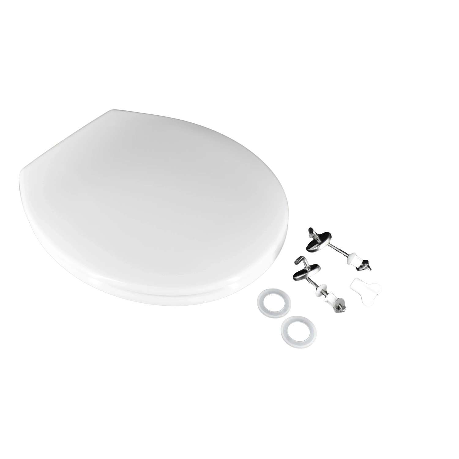 Sedile WC t.b.t. bianco con accessori di montaggio per una facile installazione.