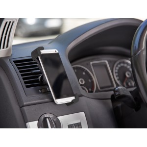 Supporto smartphone OBI per auto su bocchetta aria con cellulare in nero-grigio.